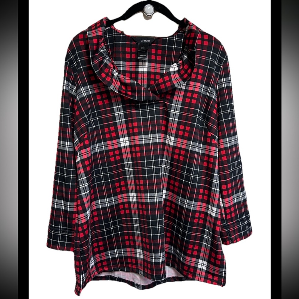 Ali Miles Tunic Top Size Small Red Tartan Plaid Ruffle Neck  Ladenlook NEW
